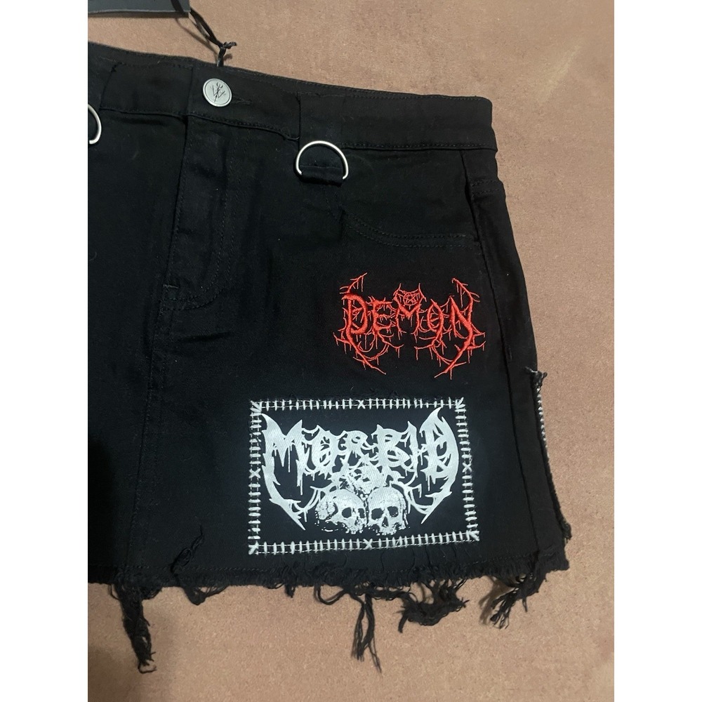 Dolls Kill Widow Noise Annoys Mini Black Denim Skirt Size M Punk Grunge Goth - Picture 6 of 13